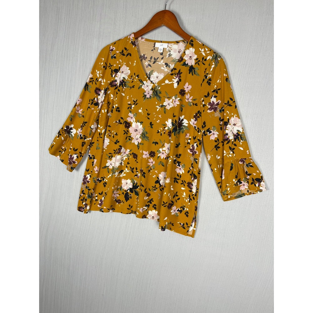 J.‎ Jill Blouse Women XSP Mustard Yellow Floral V-Neck Ruffle Sleeve Boho Top
